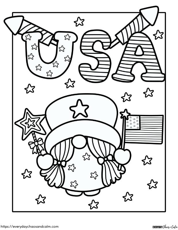 4th of July coloring page with gnome and USA