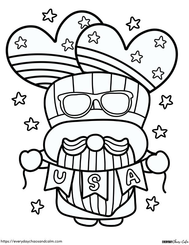 4th of July coloring page with gnome holding USA banner and heart balloons