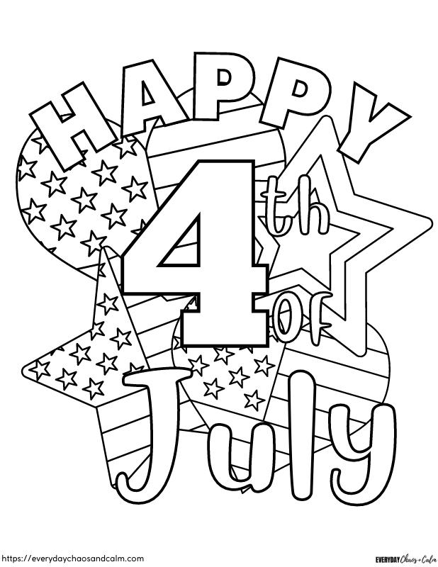 4th of July coloring page with Happy 4th of July text