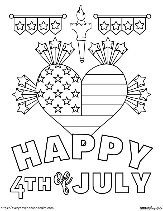 4th of July coloring page with Happy 4th of July  and  heart shaped american flag