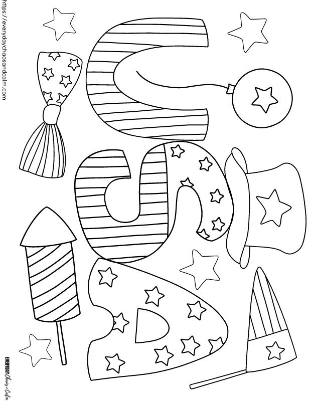 4th of July coloring page with USA in large letters and patriotic symbols