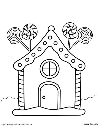 gingerbread house coloring page with lollipops and snow
