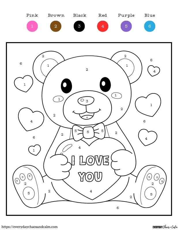 teddy bear valentine color by number worksheet