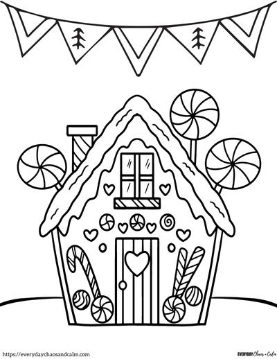 gingerbread house coloring page with flag banner, lollipops and snow