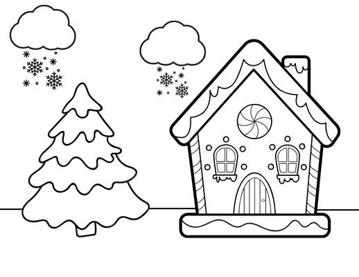 gingerbread house coloring page with Christmas tree and snow clouds