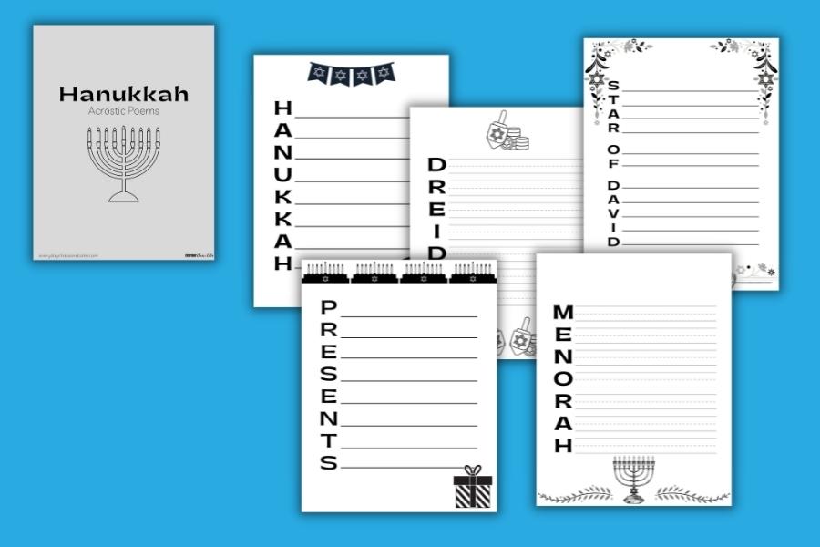 Hanukkah acrostic poems- black and white example pages