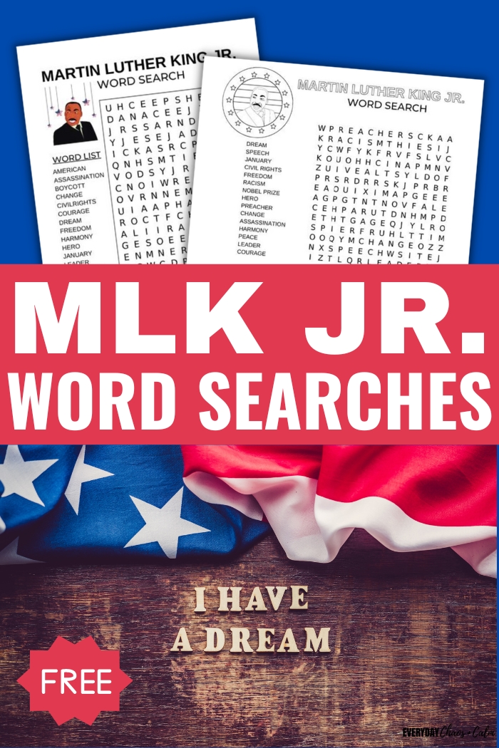 MLK jr word searches text with a flag and the words I have a dream 
