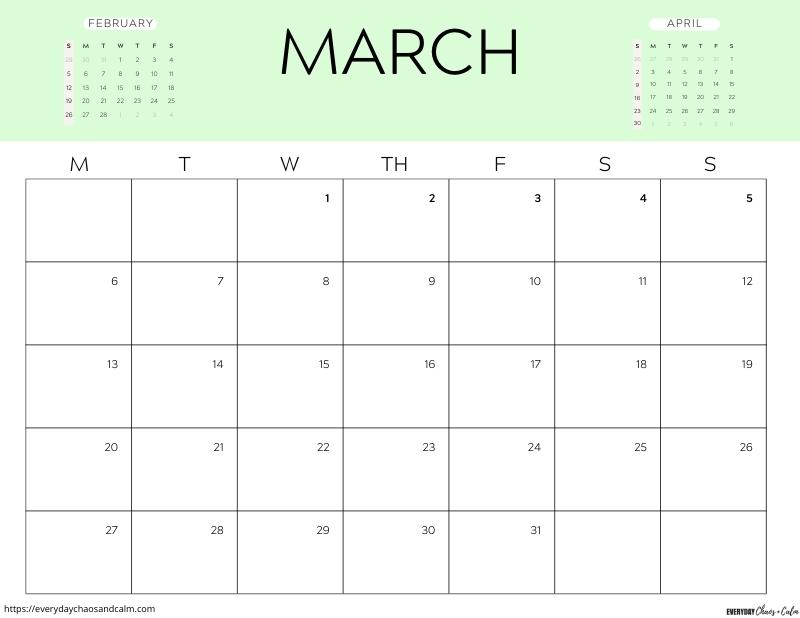 printable march 2023 calendar- monday start