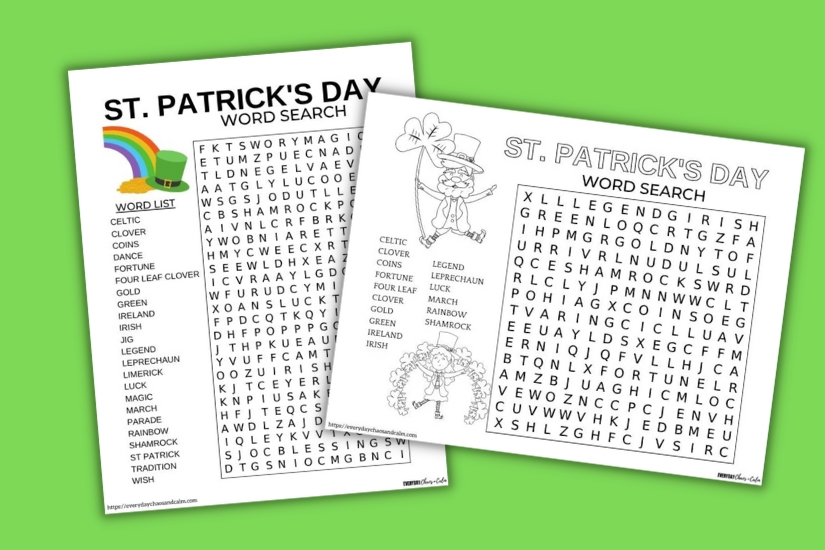 St. Patrick's Day word search example pages on green background