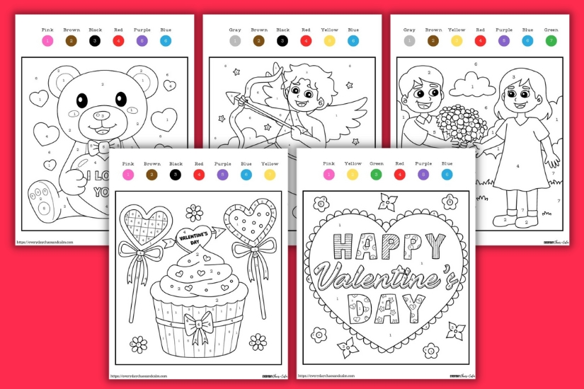 valentine color by number worksheet example pages