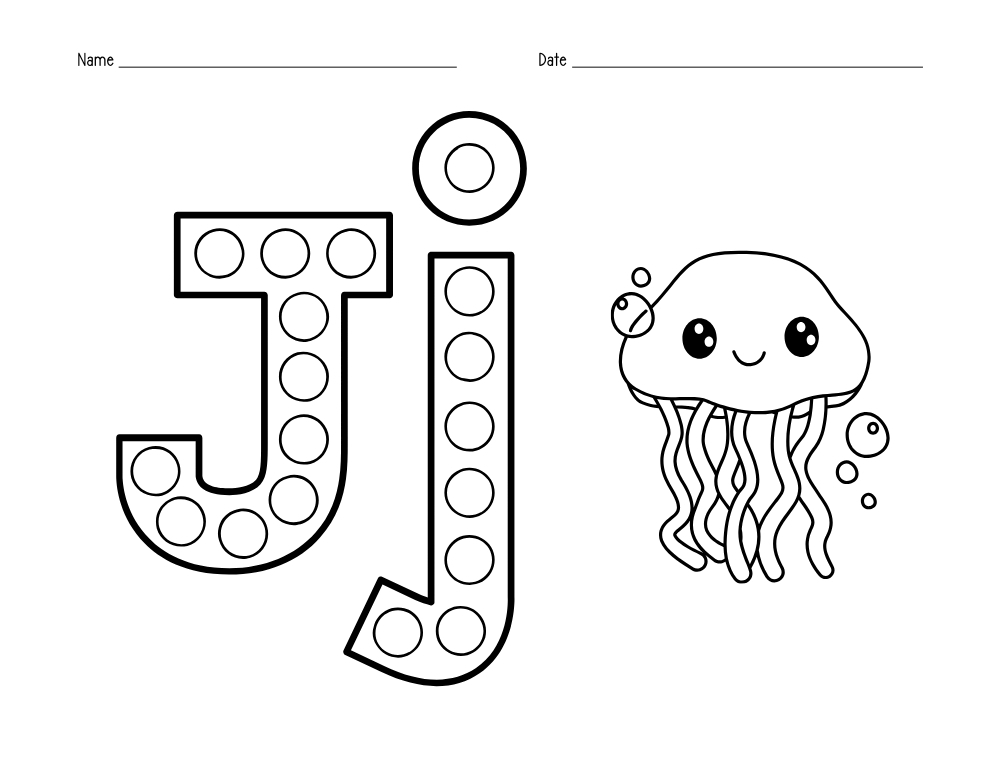 alphabet dot marker printables letter J, education, preschool, PDF