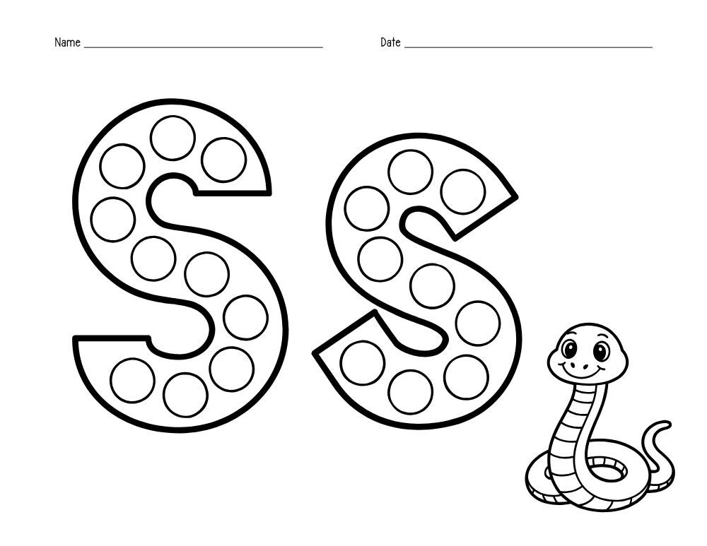 alphabet dot marker printables letter S, education, preschool, PDF