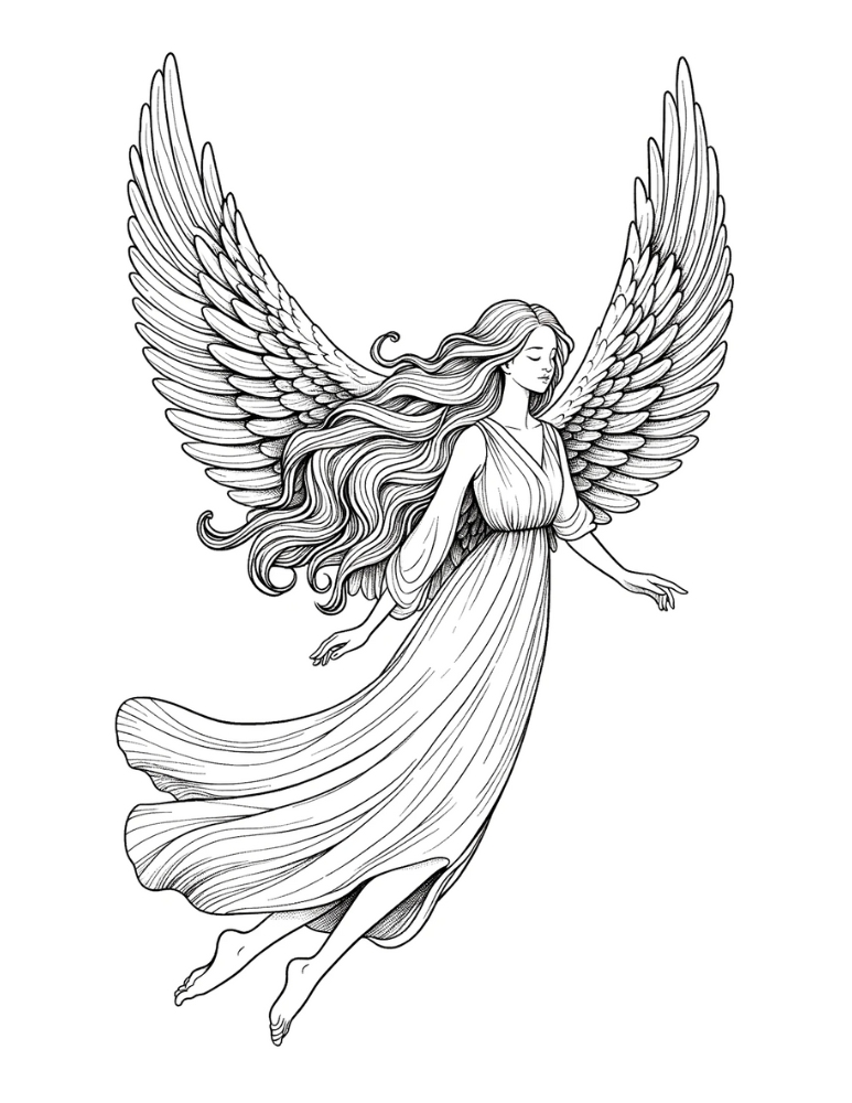Angel with Large Wings Coloring Page Free printable angel coloring pages,PDF, kids, instant download.