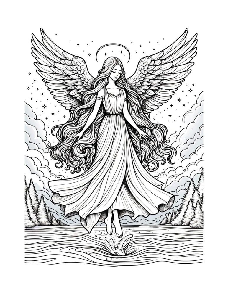 Flying Realistic Angel Coloring Page Free printable angel coloring pages,PDF, kids, instant download.
