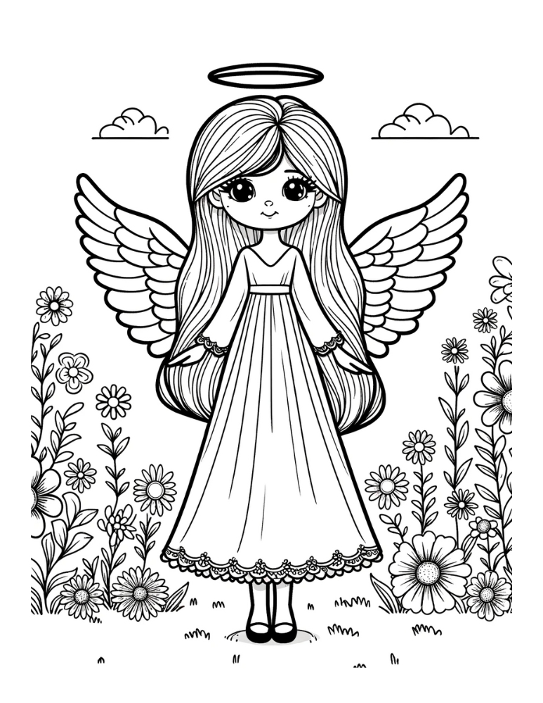Flowers and Angel Girl Coloring Page Free printable angel coloring pages,PDF, kids, instant download.