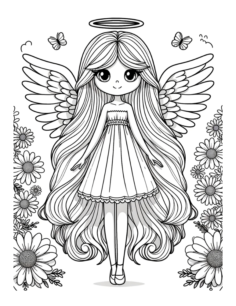 Angel in Flowers Coloring Page Free printable angel coloring pages,PDF, kids, instant download.