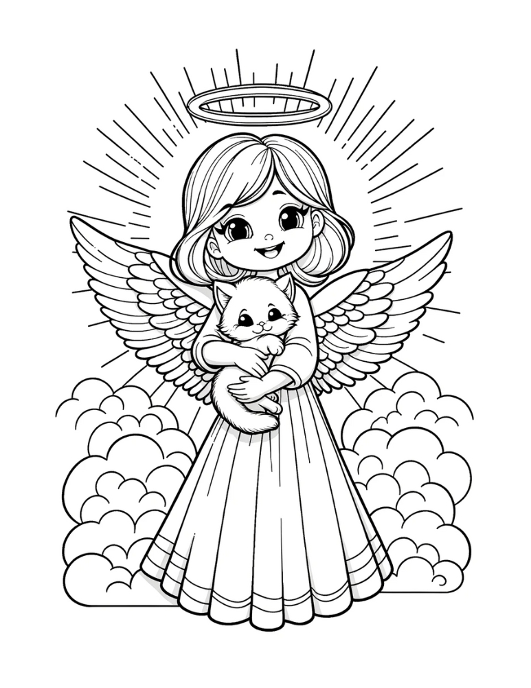 Angel with Kitten Coloring Page Free printable angel coloring pages,PDF, kids, instant download.