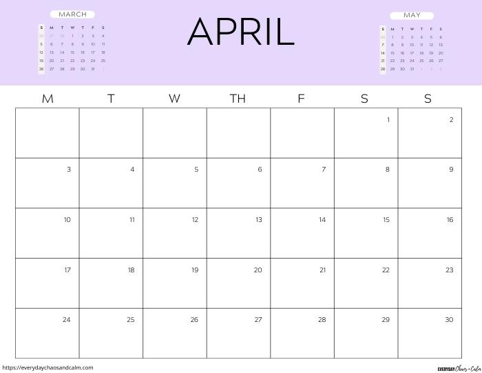 printable April 2023 calendar- monday start