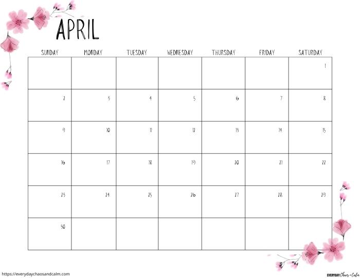 printable April 2023 calendar- sunday start