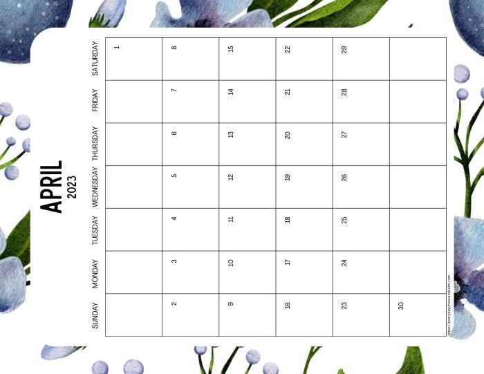 vertical printable April 2023 calendar- sunday start