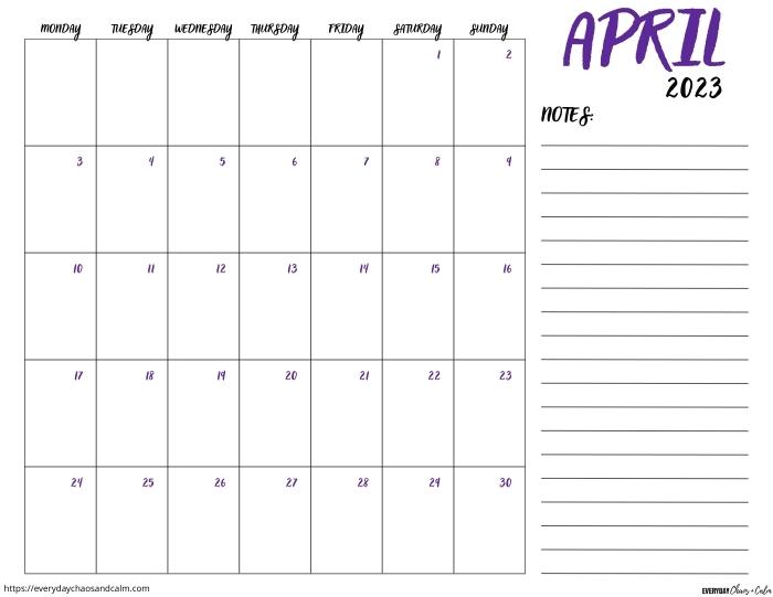 printable April 2023 calendar- monday start
