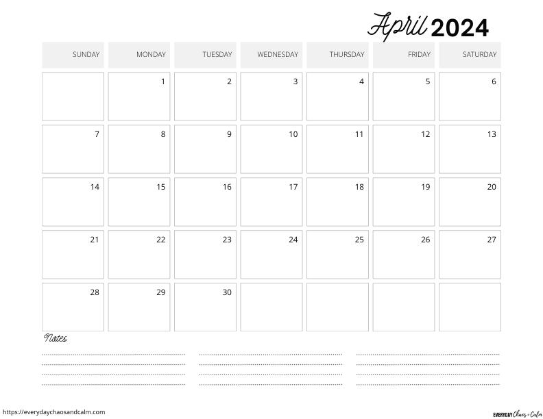 printable April 2024 calendar- sunday start