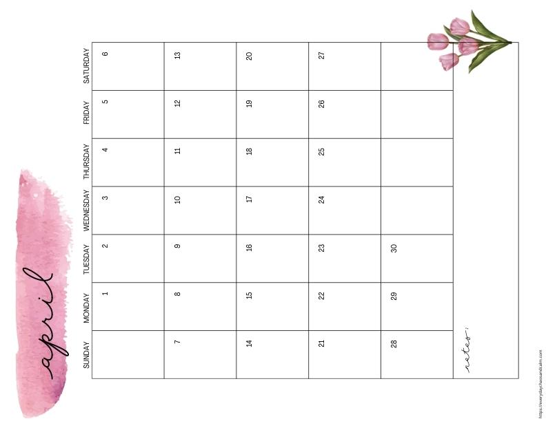 vertical printable April 2024 calendar- sunday start