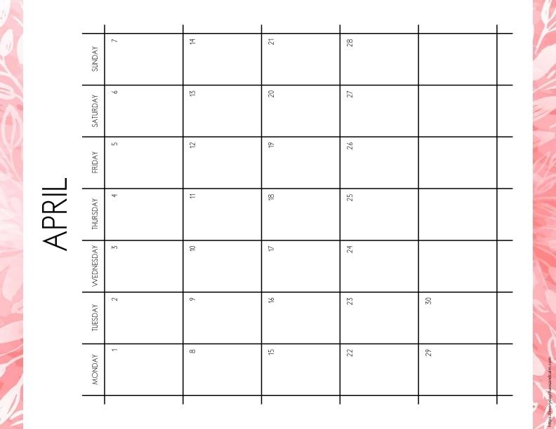 vertical printable April 2024 calendar- monday start