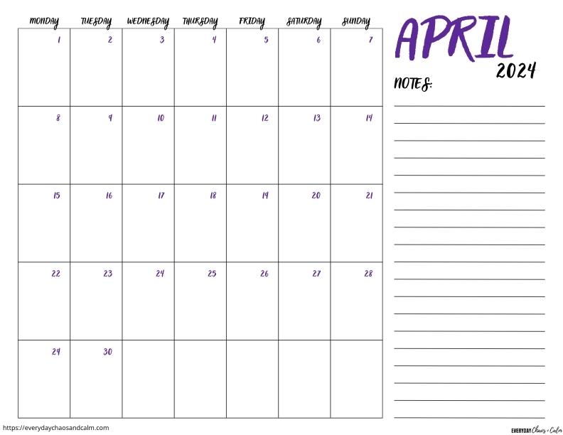 printable April 2024 calendar- monday start