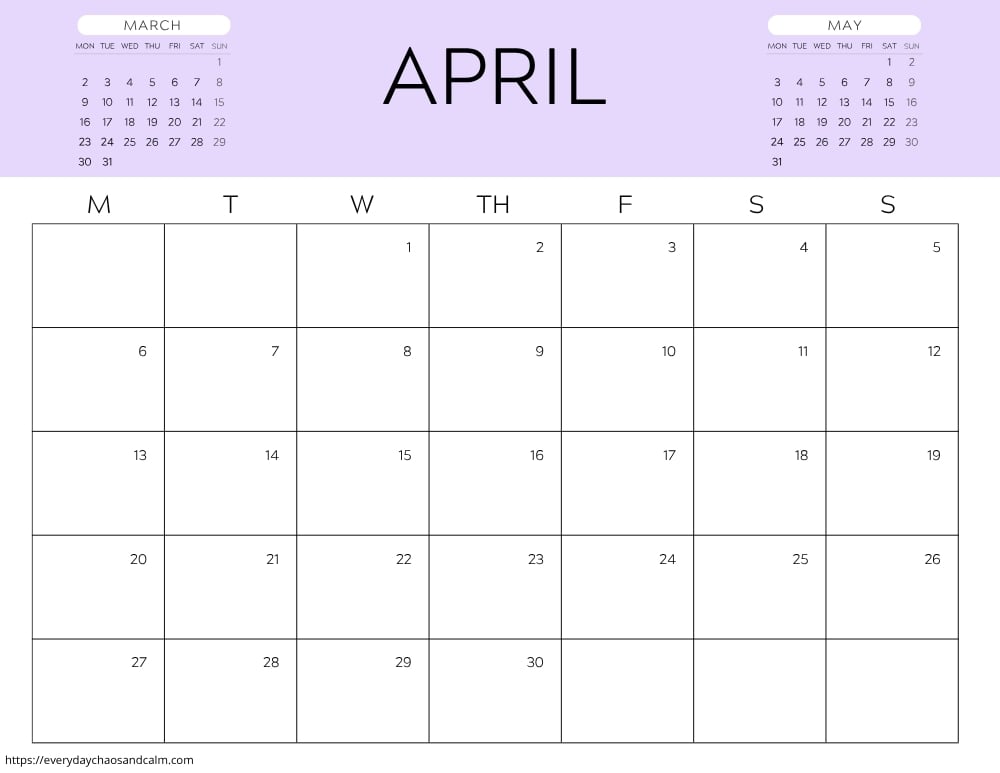 printable April 2026 calendar- monday start