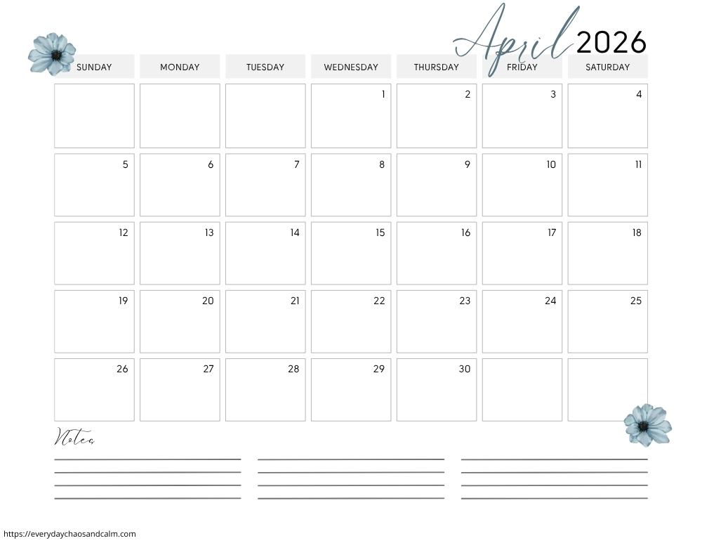 printable April 2026 calendar- sunday start