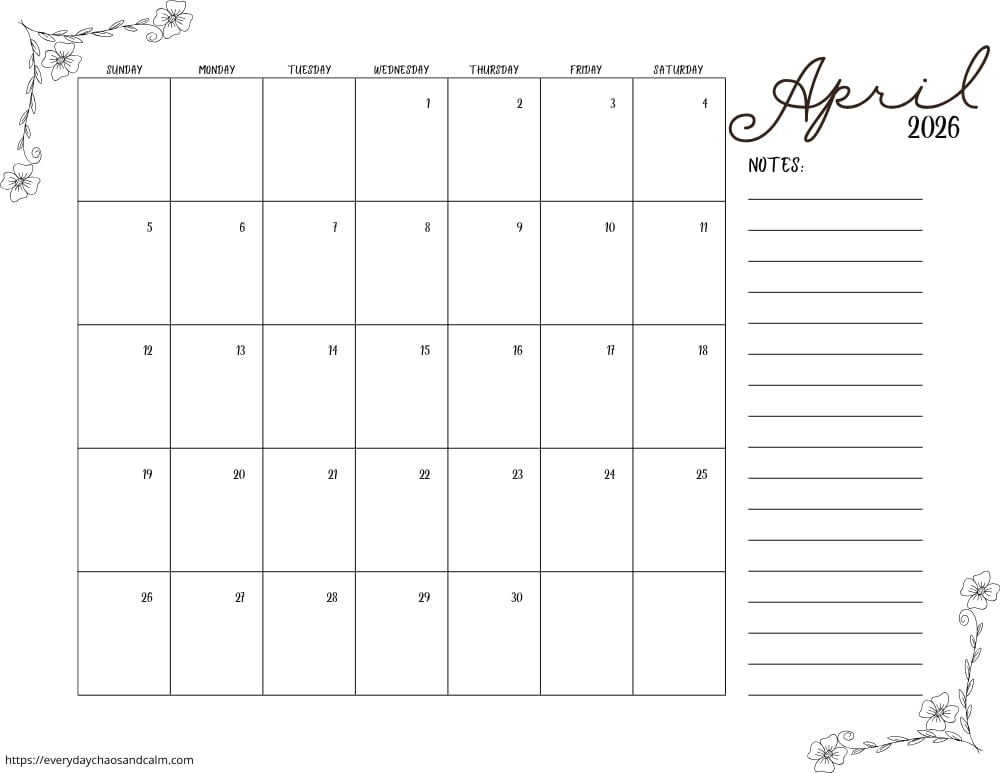 printable April 2026 calendar- sunday start