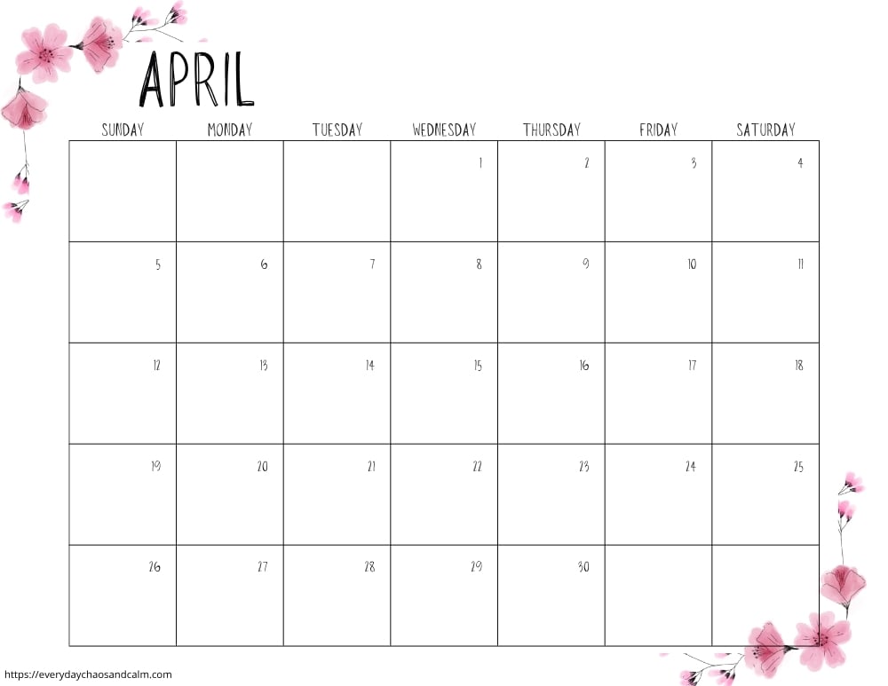 printable April 2026 calendar- sunday start