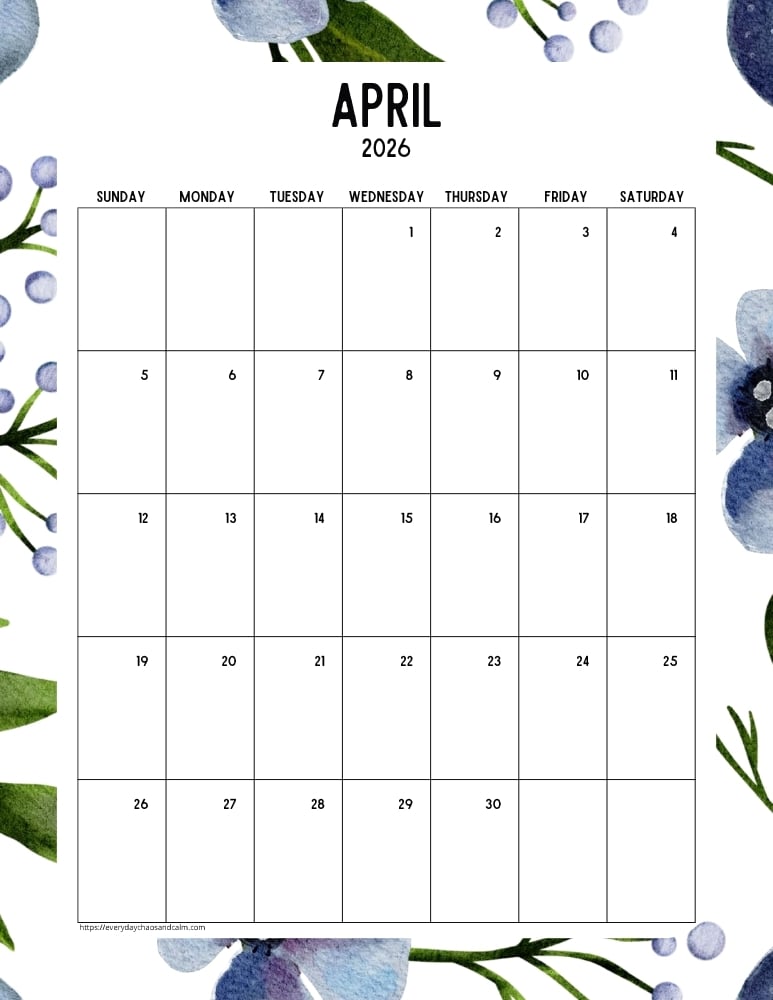 vertical printable April 2026 calendar- sunday start