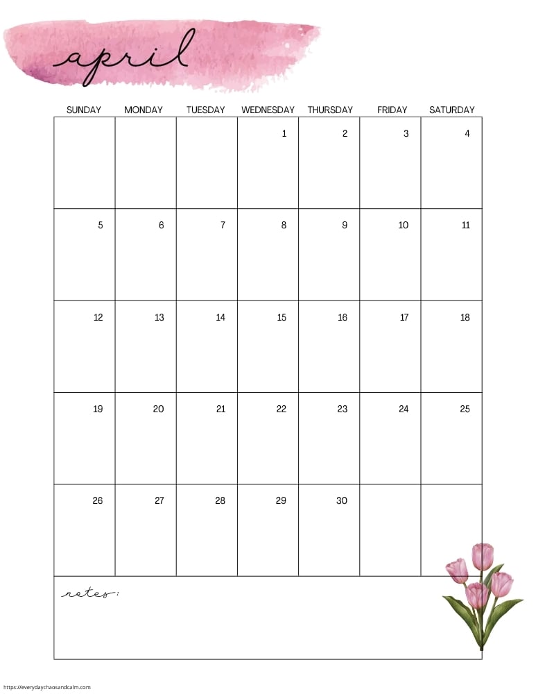 vertical printable April 2026 calendar- sunday start