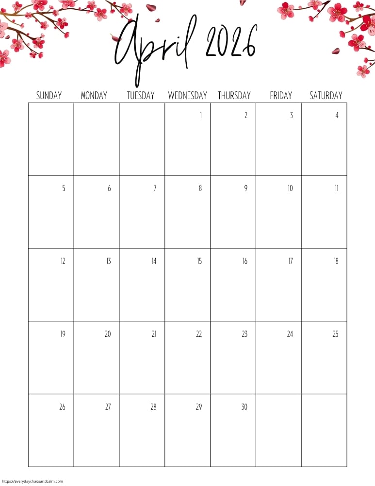 vertical printable April 2026 calendar- sunday start