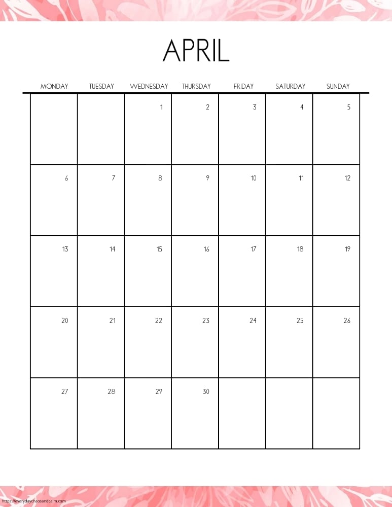 vertical printable April 2026 calendar- monday start
