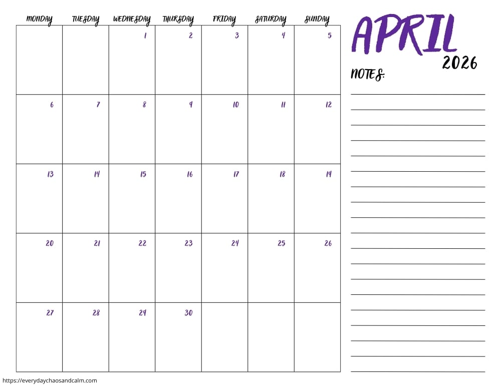 printable April 2026 calendar- monday start