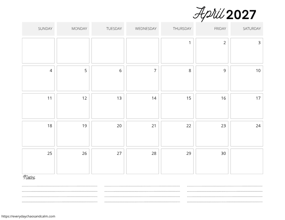 Printable April 2027 Calendars