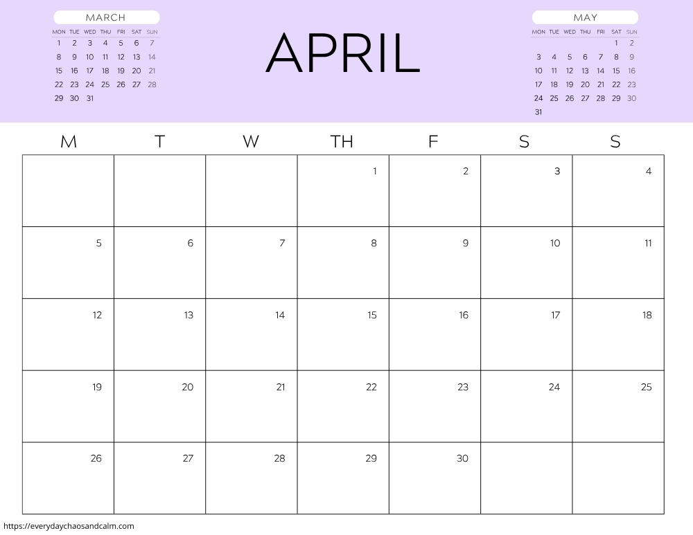 printable April 2027 calendar- monday start