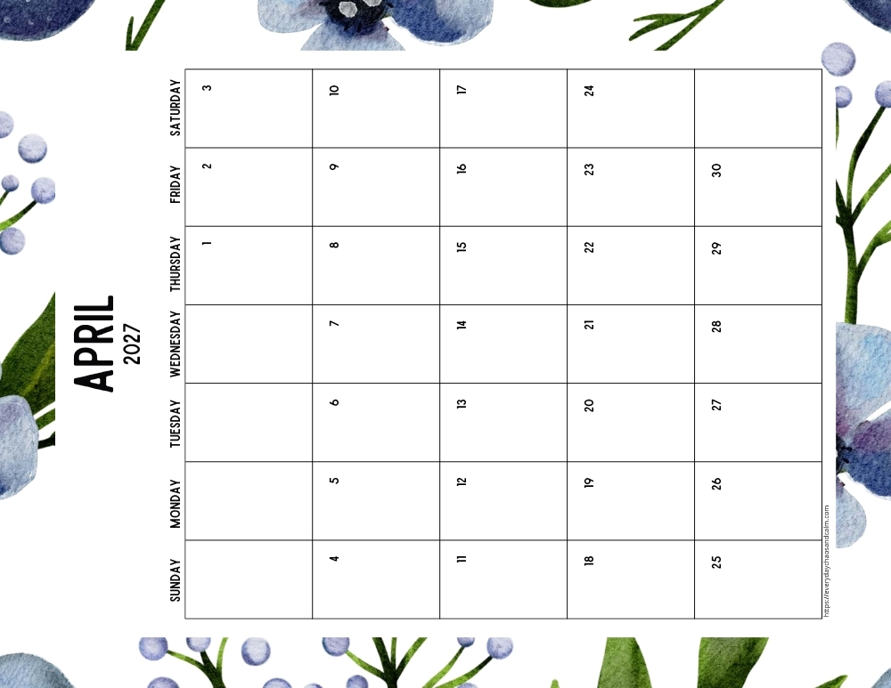 vertical printable April 2027 calendar- sunday start