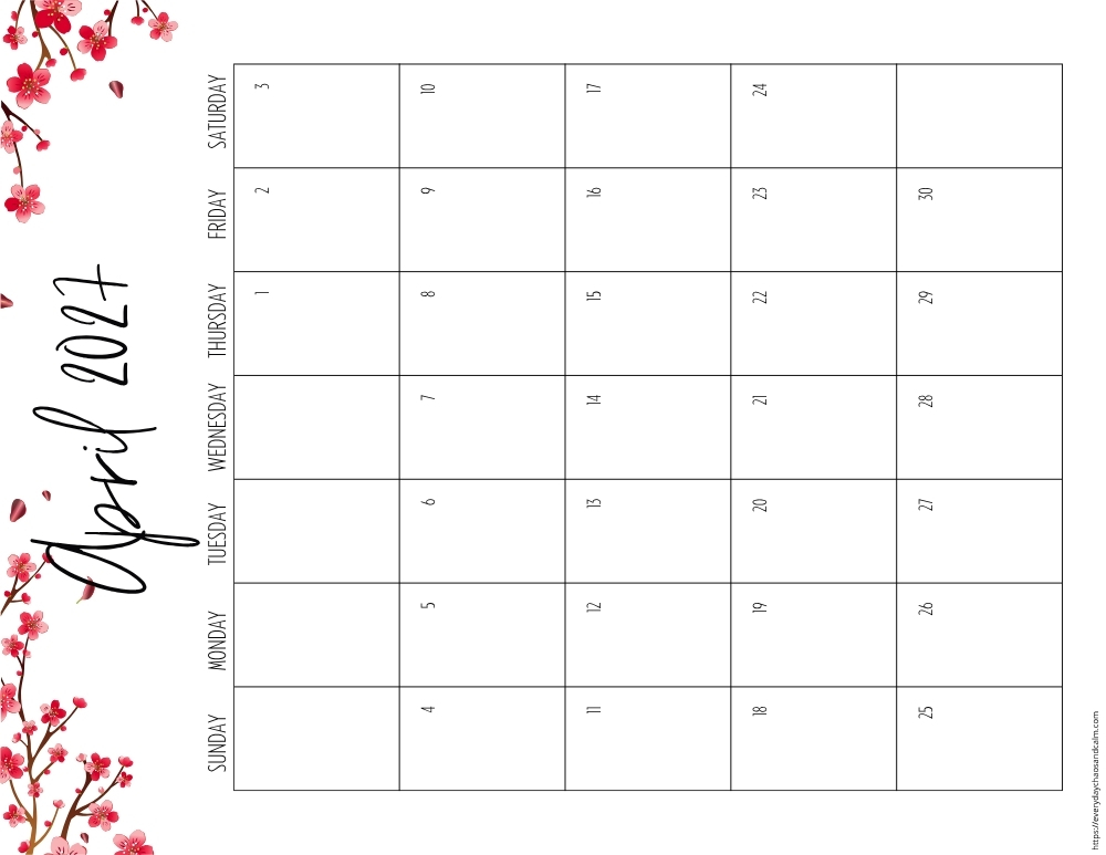 vertical printable April 2027 calendar- sunday start