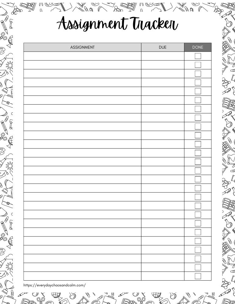 printable assignment tracker, PDF, instant download