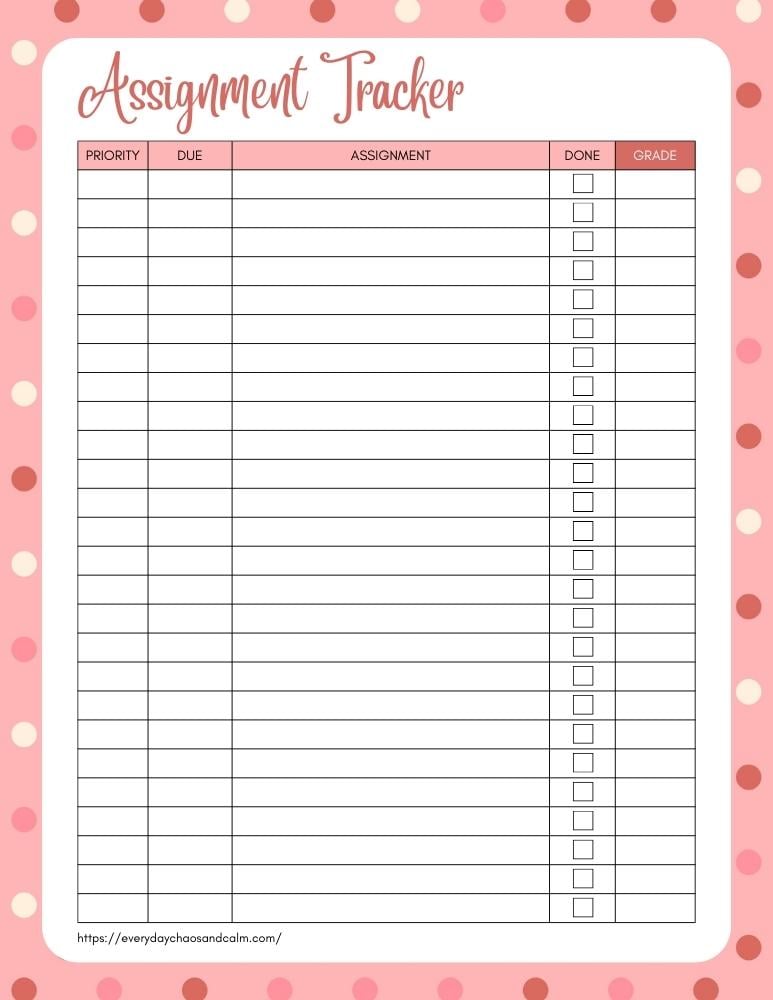 assignment tracker template free pdf