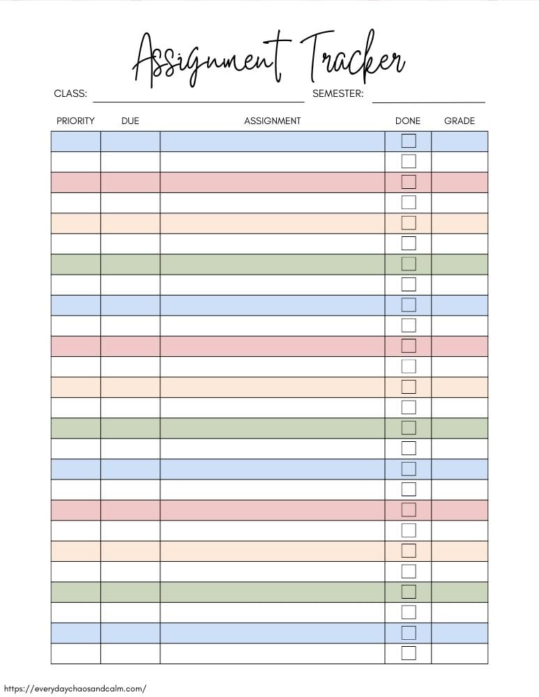 Free Printable Assignment Trackers For Students