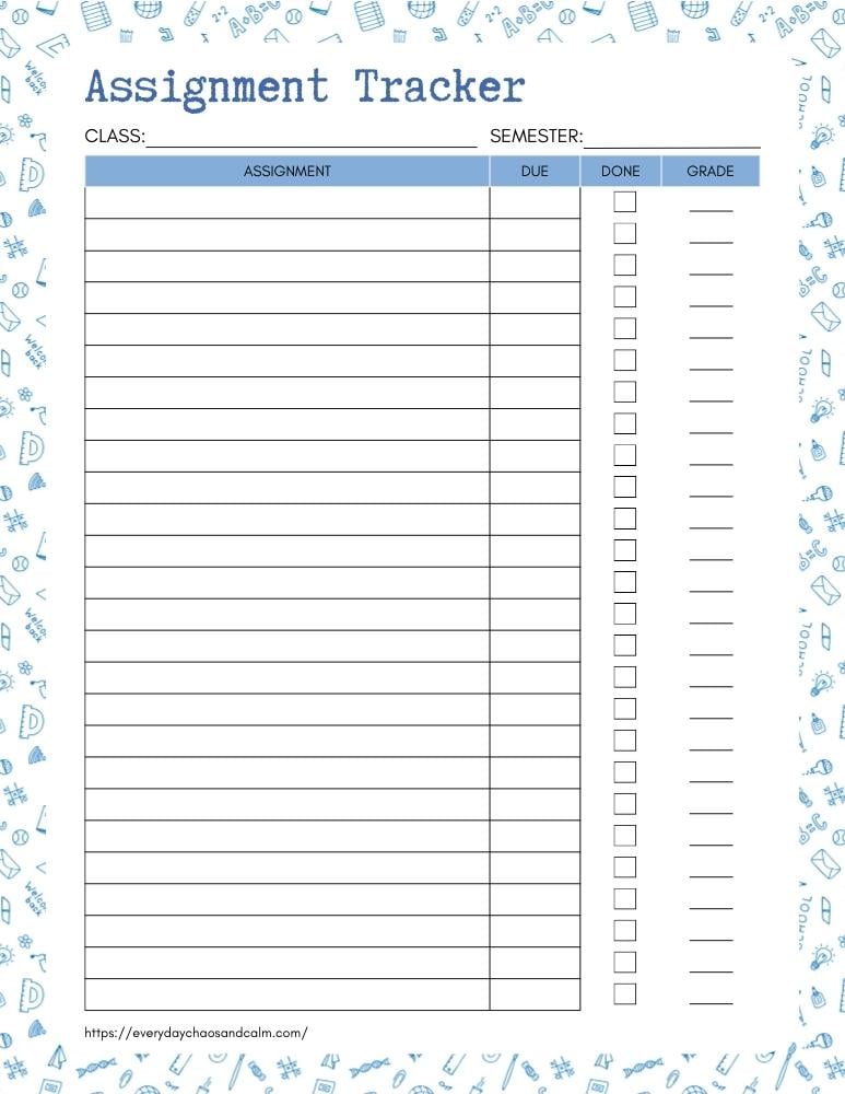 college assignment tracker pdf