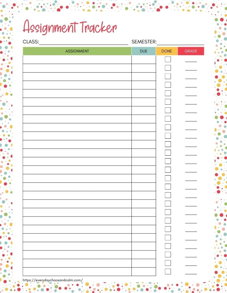 printable assignment tracker, PDF, instant download