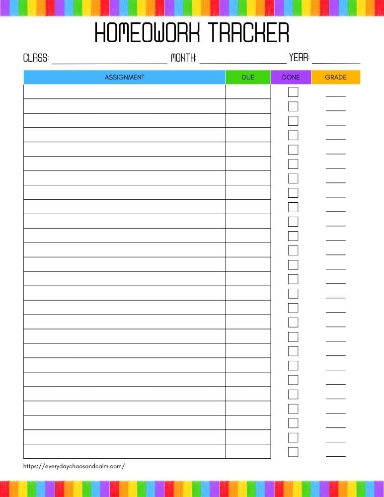 printable assignment tracker, PDF, instant download