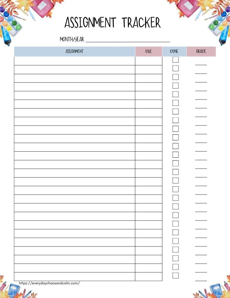 printable assignment tracker, PDF, instant download