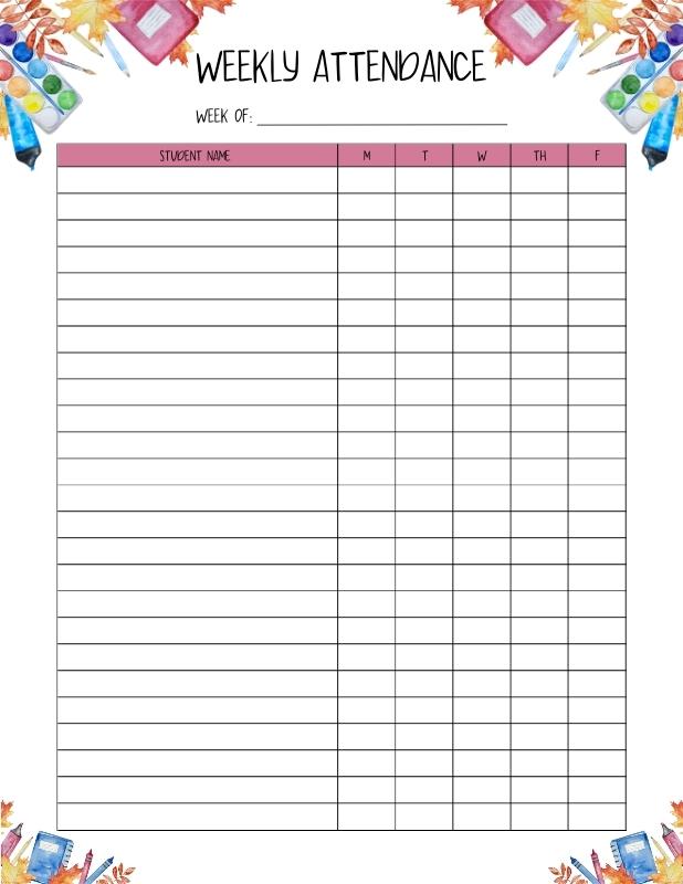printable weekly attendance sheet for school